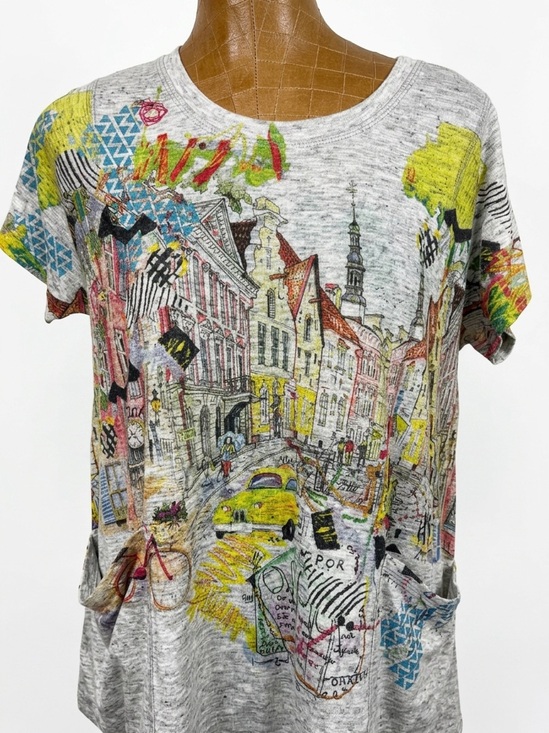 Tanoah Tops - Tanoah Grey Heathered European City Street Scene Graphic Print Short Sleeve Top